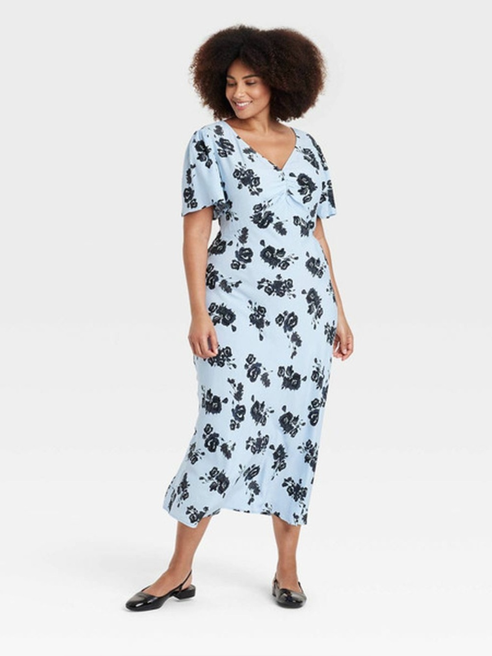 a new day Light Blue Midi Dress with Black Floral Print